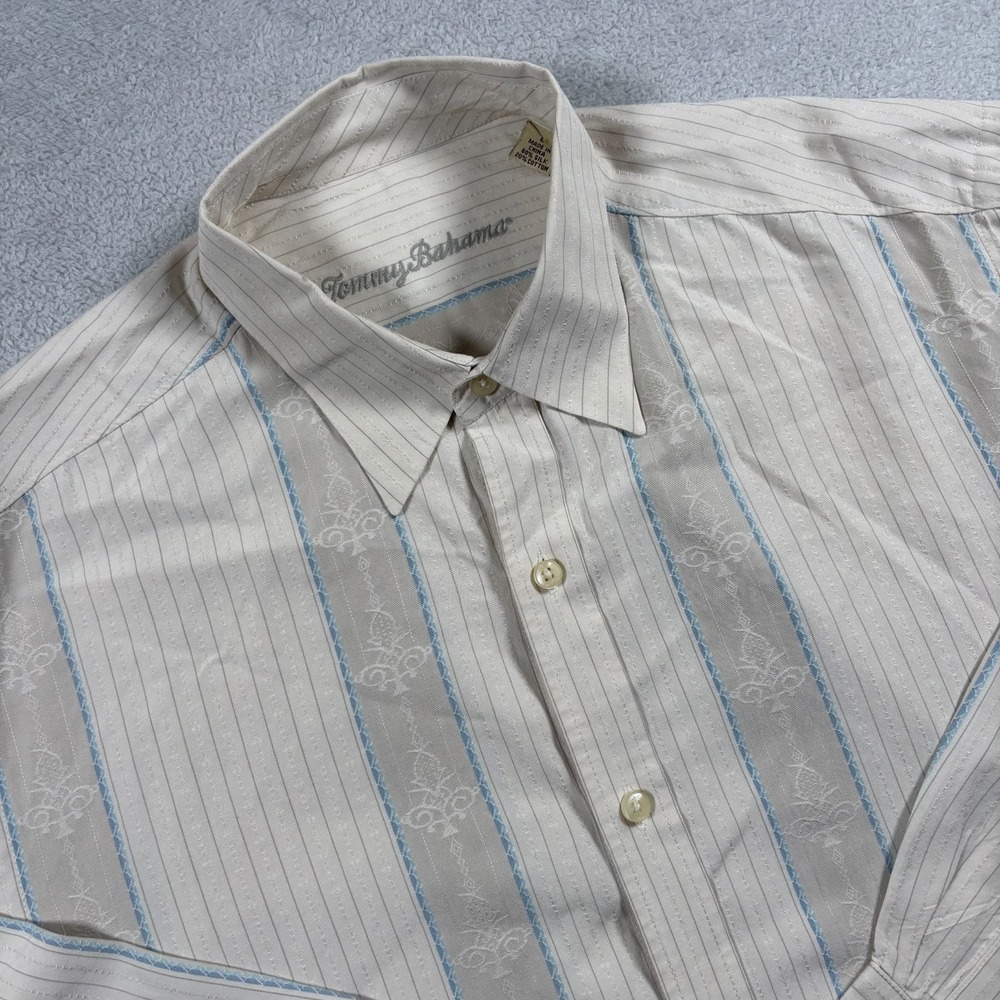 Tommy Bahama Shirt‎ Mens Large Gray Silk Striped Travel Resort Wear Button Up